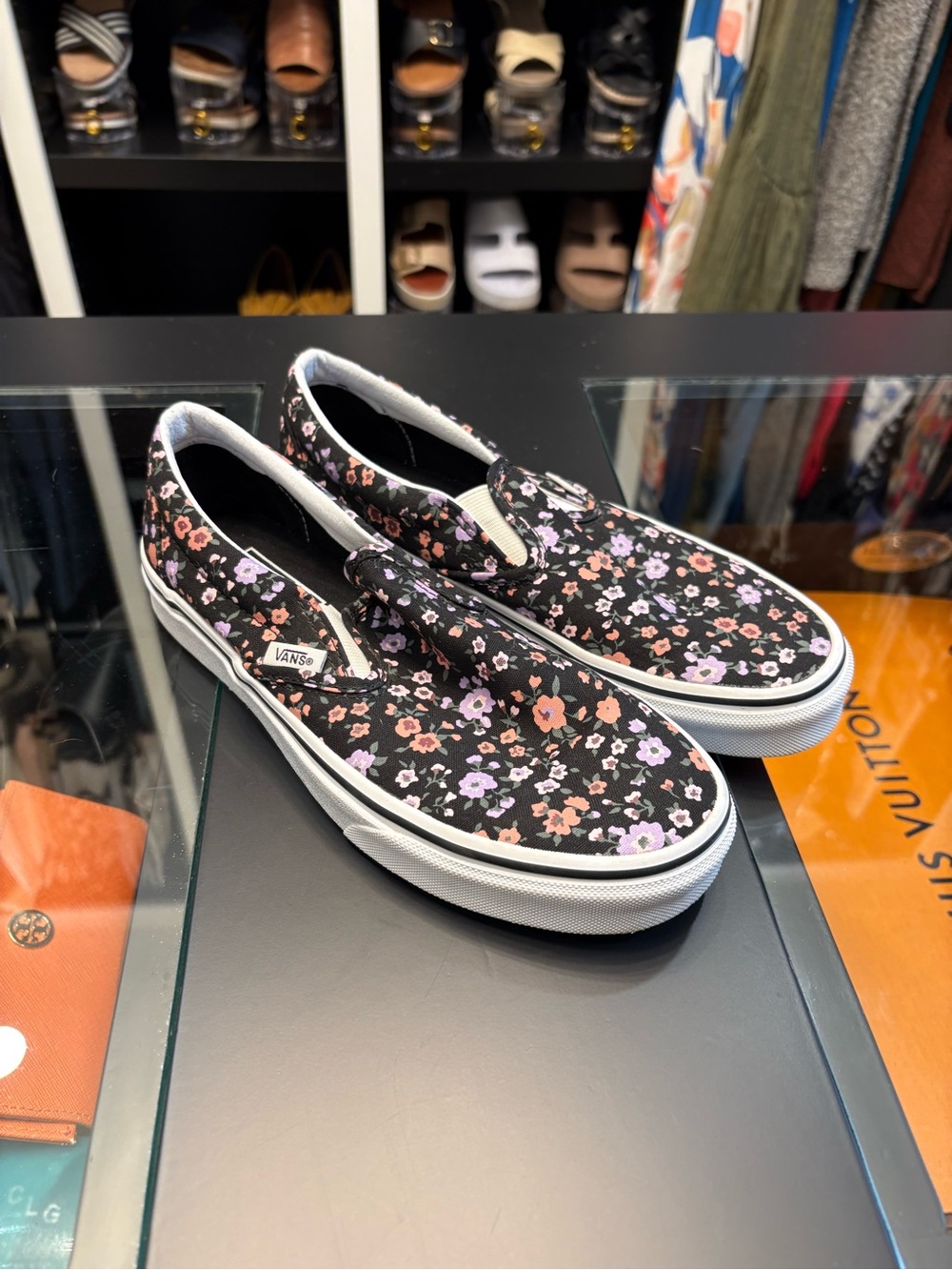 Vans Black Floral Slip-On Loafers with Pink & Lavender Blooms